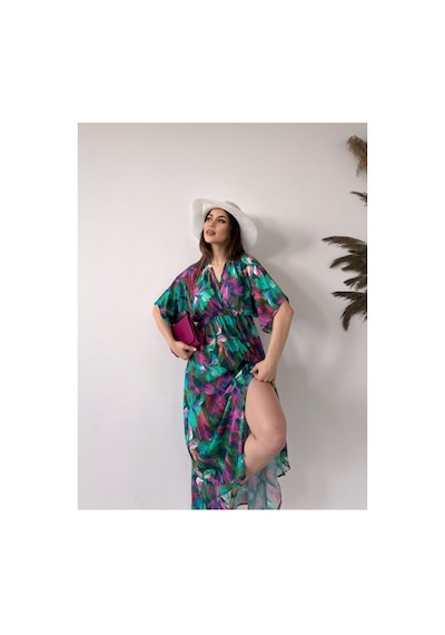 Asur Boutique Asur Butik Kadın Çiçek Desenli Renkli Viskon Kumaş Yırtmaçlı Elbise Yeşil
