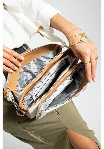 Just Polo Kadın Bol Gözlü Ayarlanabilir Askılı Şık Omuz Çantası Shoulder Bag Beyaz Taba