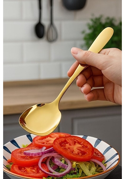 2 Adet Paslanmaz Gold Çelik Lüx Servis Salata Kaşığı Spatula Çelik Yemek Servis Kaşığı 21cm