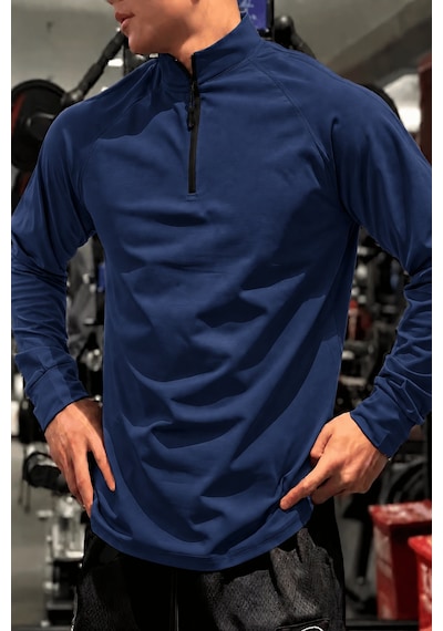 Genius Store Erkek Yarım Fermuarlı Compression Uzun Kol Spor Tişört Ve Fitness Tişörtü Dalgıç-uzun Lacivert