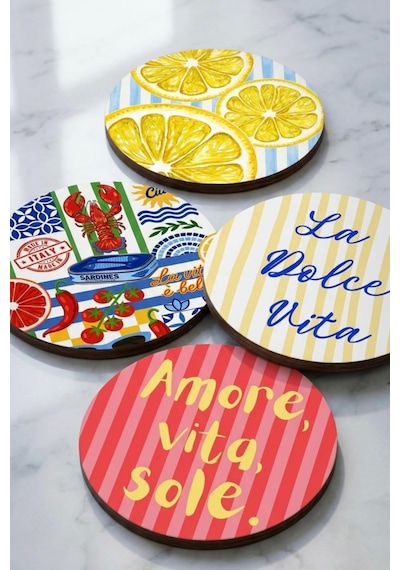 La Dolce Vita Bardak Altlığı 4lü Set Sicilya Temalı 9 Cm Mdf Çok Renkli