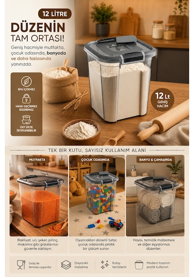 Porsima 9974 Royal Box 12 Litre Kare Hava Geçirmez Sızdırmaz Kapaklı Saklama Kabı Diğer