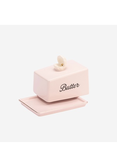Deniz Kabuğu Kulplu Pembe Stoneware Tereyağlık 15x11x11 Cm