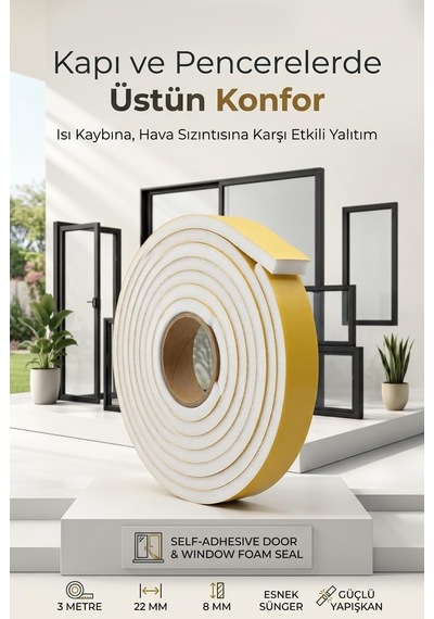 Tr 3 Metre Kapı Pencere İzolasyon Süngeri 22x8 Mm Yapışkanlı Yalıtım Bandı 723803