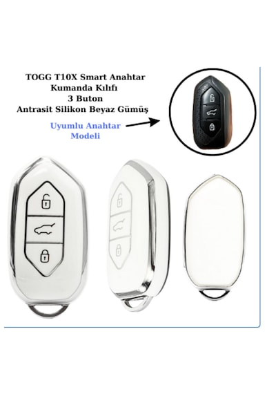 Togg T10x Uyumlu Anahtar Koruma Kılıf Beyaz / Gümüş Detaylı