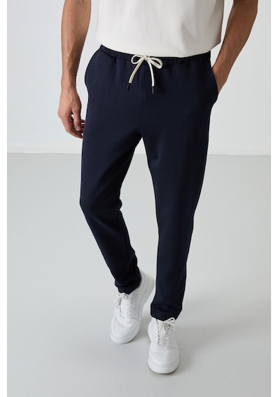 Tommy Life Ekru - Lacivert Pamuklu Kalın Yumuşak Dokulu Oversize Fit Basic Erkek Eşofman Takım - 85251 Ekru