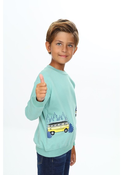 Toontoy Kids Toontoy Erkek Çocuk Relax Fit Bisiklet Yaka Hafif Düşük Omuz Baskılı Sweatshirt - 2 İplik Yeşil