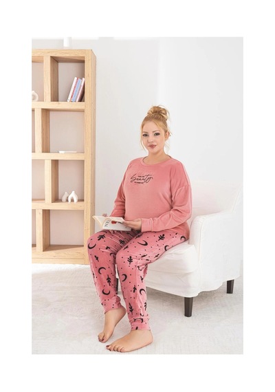 Pijamoni Kadın Büyük Beden Yumuşak Kadife Kouı Pudra Pijama Takımı Koyu Pudra