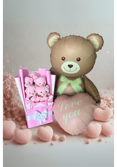 Kalpli Balonlu Ayıcık İle Pembe Peluş Ayıcık Buketi Özel Hediye Seti