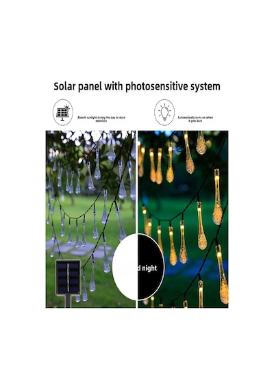 50 Damla Şeklinde Solar Led Güneş Enerjili Bahçe Balkon Aydınlatma 7 Metre Işık 8 Mod Gün Işığı