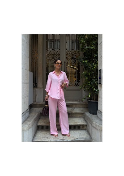 Meecy Kadın Tencel Kumaş Pantolon Gömlek Takım Pembe Pembe