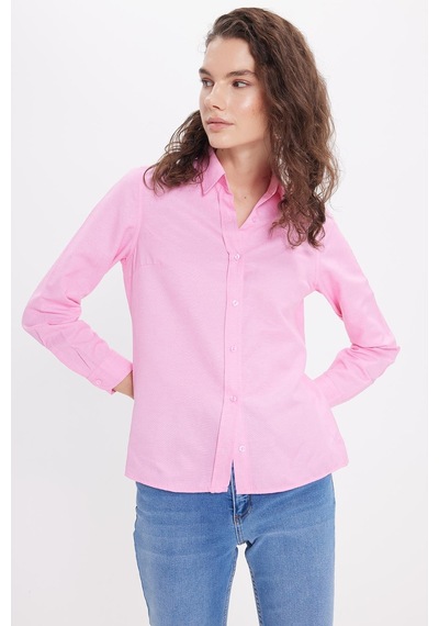 Tudors Kadın Slim Fit Dar Kesim Uzun Kollu Pamuklu Vücuda Oturan Dokulu Pembe Basic Gömlek-38815 Pembe
