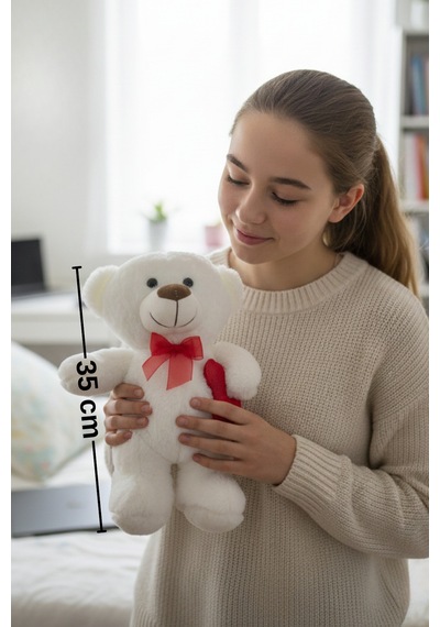 Kırmızı Kurdeleli Ve Kalpli Yumuşacık Sevimli Beyaz Ayıcık 35 Cm Uyku Arkadaşı Çok Renkli