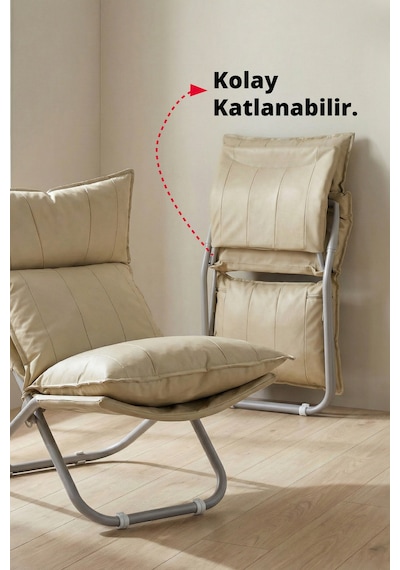 Lumis Garden Prestij Katlanabilir Deri Lounge Koltuğu Çıkarılabilir Kılıf, Modern Metal İskelet Bej