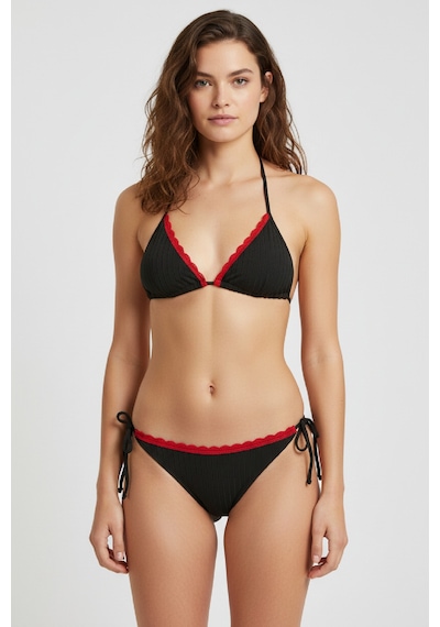 Angbutik Premium Kadın 4 Lü Fitilli Set Siyah Kırmızı Biyeli Pijama Üst, Pantolon, Bikini Takımı