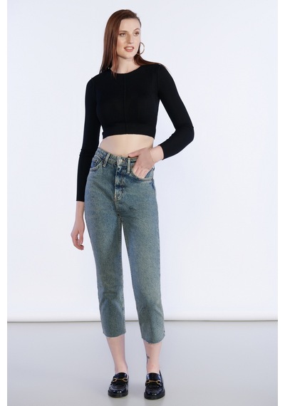 Kirli Mavi Yüksek Bel Paça Püskül Detaylı Mom Jeans-kirli Mavi