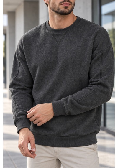 Polo State Erkek Bisiklet Yaka Oversize Dikiş Detaylı Basic Sweatshirt - Antrasit