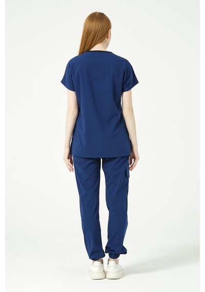 Saks Mavi Likralı Scrubs Kargo Cep Jogger Paça Doktor Hemşire Forması Yarasa Kol Takım Unisex