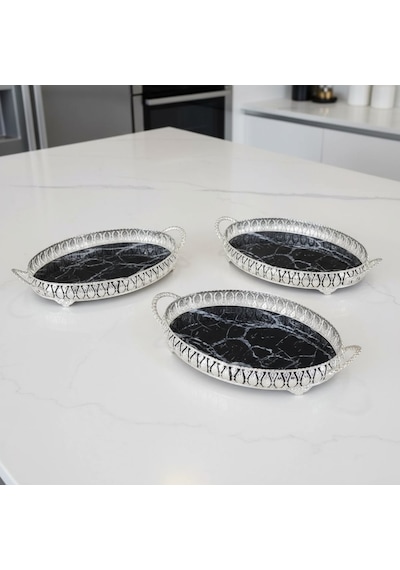 3 Adet Gümüş Renk Mermer Desen Metal Çerçeveli Cam Tepsi - 28x19 Cm Gümüş