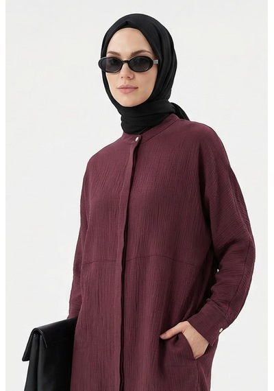 Armine Trend Doğal Kumaş Gizli Düğmeli Hakim Yaka Rahat Kesim 120 Cm Boy Tunik Vişne 26yt416