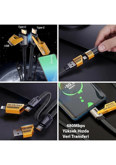 River World 27w Pd Destekli Çoklu Type-c To Lightning Type-c To Usb 65 W 4 İn1 Hızlı Şarj Kablosu
