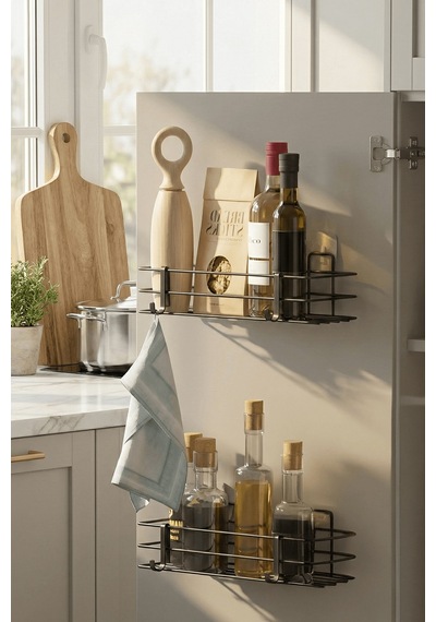 2'li Siyah Dolap Kapağı Yapışkanlı Raf Seti Mutfak & Banyo Düzenleyici Metal Organizer Siyah