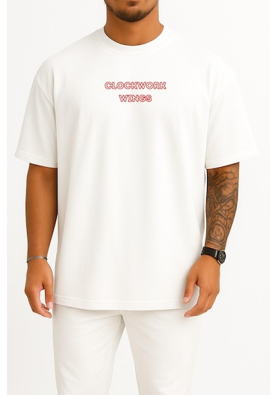 Bahriyeli Collection Oversize Clockwork Wings Anime Göğüs Baskılı Unisex T-shirt Beyaz