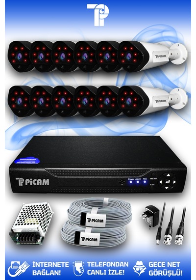 Picam 12 Kameralı Uzay 12 Dış Kamera Set HDD'siz Full HD Gece Görüşlü Güvenlik Kamerası Sistemi