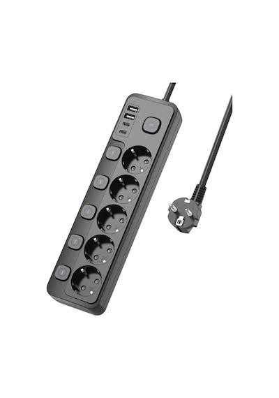 2 Mt Kablolu Power Tuşlu Isıya Dayanaklı 5'li Grup Priz Uzatma 2x Usb 2x Type-c Çıkışlı Priz Uzatma 2 M
