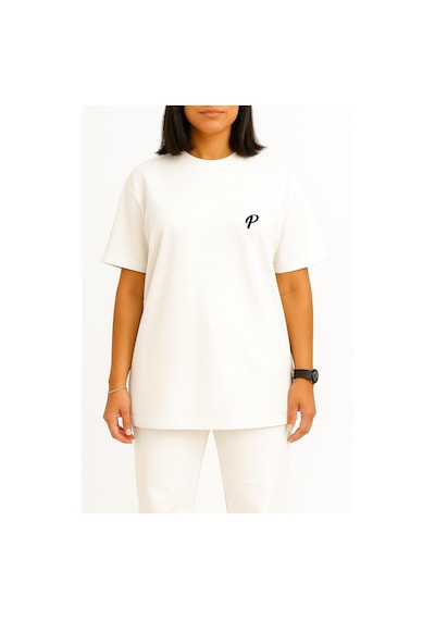 Bahriyeli Collection Oversize P Harfi Cep Baskılı Unisex T-shirt Beyaz