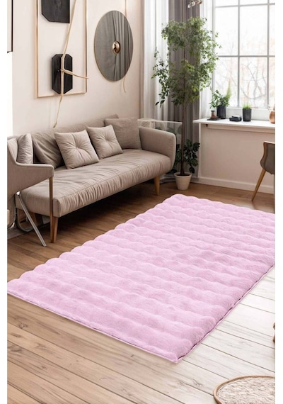 Maya Tavşan Tüyü Peluş Bubble Halı Kaymaz Tabanlı Makinede Yıkanabilir Yumuşak Halı Mya01 Pudra
