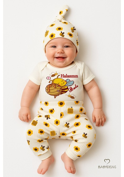 Babyden's 3 Lü Yenidoğan Takım Halasının Balı Baskılı Kısa Kol Body Arı Çiçek Desenli Pantolon Bere Ekru
