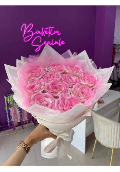 11'li Pembe Simli Solmayan Saten Gül Buketi, Sevgiliye Hediye Açık Pembe
