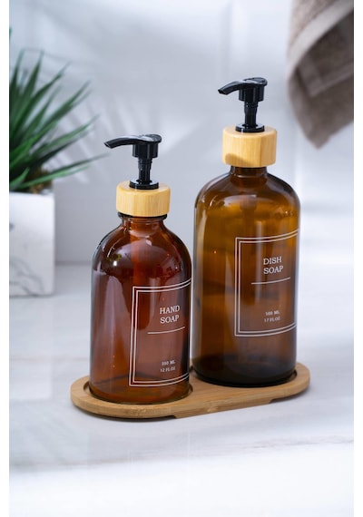 Louvre Bambu Standlı 2'li Sıvı Sabunluk - 500/300 Ml Kahverengi