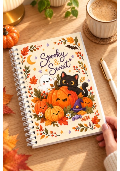 Halloween Temalı A5 Spiralli Çizgili Defter 60 Yaprak Bej