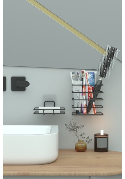 Zabata Yapışkanlı Metal Diş Fırçalık + Banyo Sabunluk 2li Set Siyah