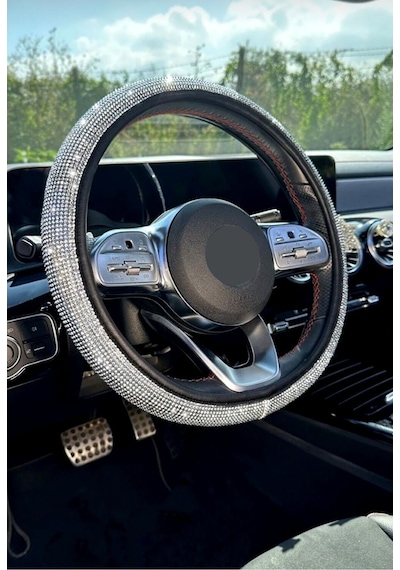 Taşlı Geçmeli Direksiyon Kılıfı Komple Gümüş Taşlı 37-38cm