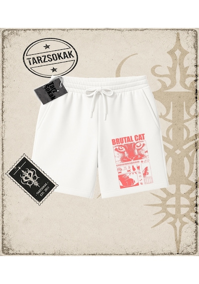 Tarzsokak Gotik & Grunge Streetwear Brutal Cat Unisex Şort Beyaz
