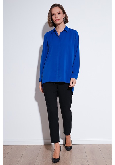 Lela Regular Fit Önü Kısa Arkası Uzun Düz Bayan Gömlek 611Go020 Saks