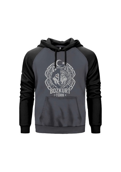 Bozkurt Türk Ay Yıldız Motifli Kurt Başı Baskılı Kırmızı Renk Reglan Kol Sweatshirt Kapşonlu