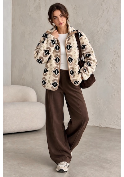 Bbbutikbasic Dik Yaka Yarım Fermuarlı Desenli Polar Sweatshirt My3535 Etnik