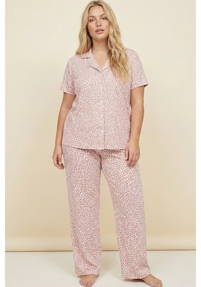 Siyah İnci Büyük Beden Battal Boy Düğmeli Örme Pijama Takım 8016 Beyaz Somon Leopar