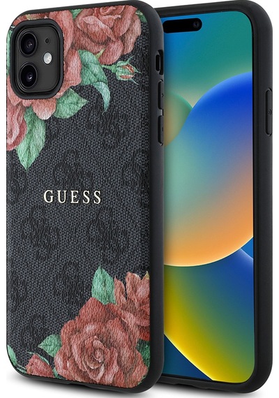Apple Uyumlu iPhone 11 Kılıf Guess Lisanslı Magsafe Gül Baskılı 4g Desenli Yazı Logolu Kapak Siyah