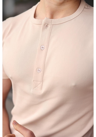 Madmext Bej Yarım Düğmeli Slim Fit Erkek Tişört E7186