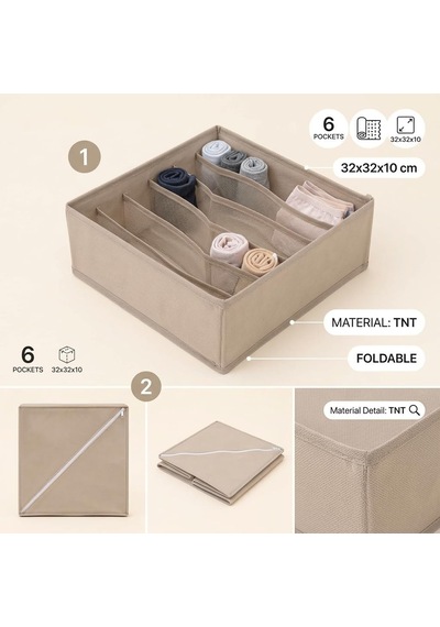 6 Bölmeli Bez Çekmece Organizeri, 32 X 32 X 10 Cm Katlanabilir Tnt Kumaş Düzenleyici Saklama Kutusu, Fermuarlı Kapa Diğer