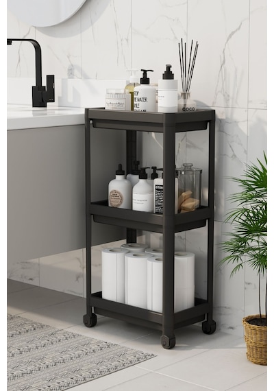 3 Katlı Tekerlekli Mutfak Rafı, Terek, Banyo Rafı, Siyah Siyah