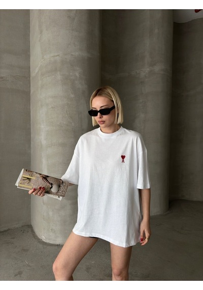 Flood Of Style Kadın Beyaz A Kalp Nakış İşlemeli Oversize