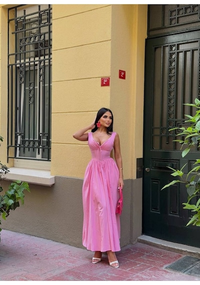 Rawea Kadın Korse Detaylı Kurdeleli Poplin Elbise - %100 Pamuk & V Yaka Pembe