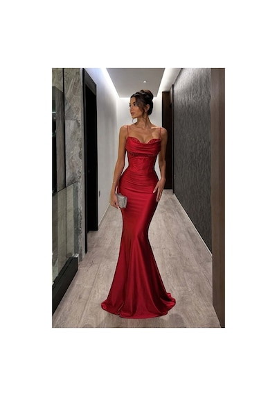 Lior Design Kadın Tasarım Saten Kumaş Kalp Yaka Askılı Abiye Elbise Kırmızı