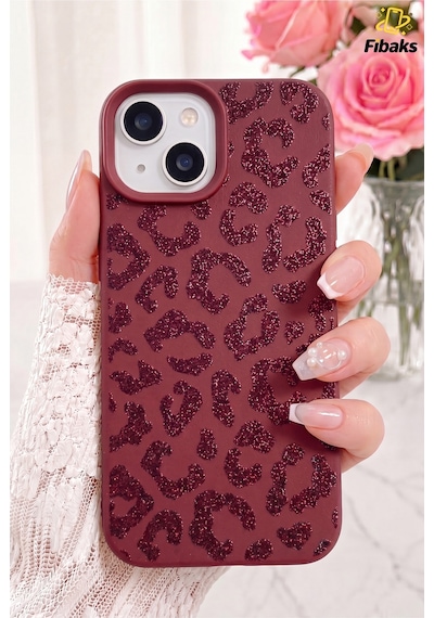 Fibaks iPhone 13/14/15 Uyumlu Kılıf Bordo Leopar Desenli Darbe Emici Kamera Korumalı Yumuşak Silikon